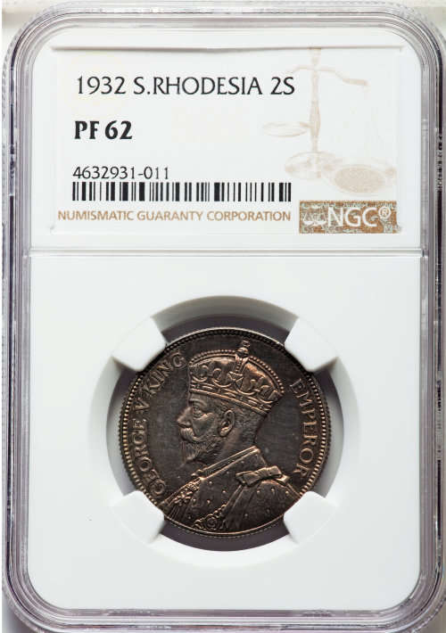 Southern Rhodesia: George V  Certified Proof coin TWO SHILLING 1932 PR62 NGC rere coin