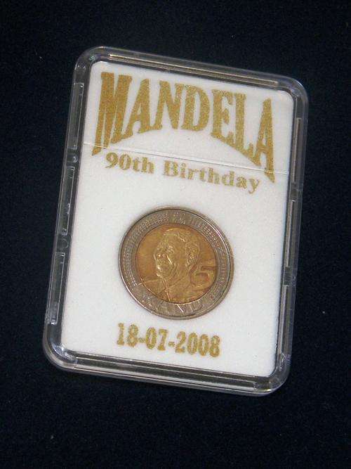 2008 MANDELA 90th BIRTHDAY R-5 COIN IN A NICE HOLDER.@@ LOOK @@