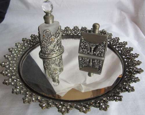 BEAUTIFUL ENCRUSTED MIRROR TRAY AND PERFUME BOTTLES