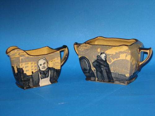 ANTIQUE ROYAL DOULTON "MONK SCENE" CREAMER AND SUGAR BOWL