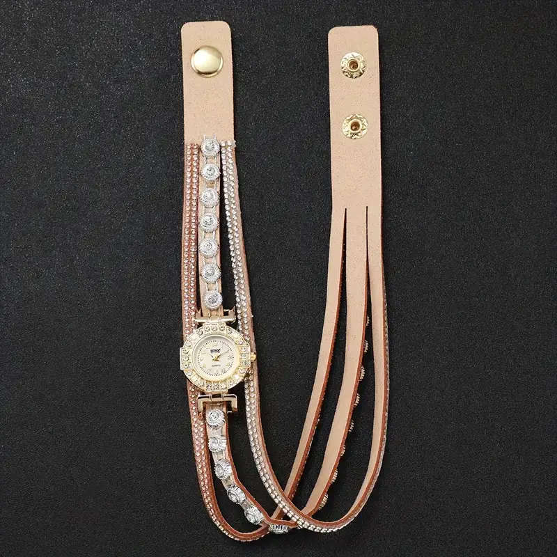Women`s Luxury Rhinestone Quartz Watch Shiny Fashion Analog PU Leather Wrap Bracelet Wrist Watch