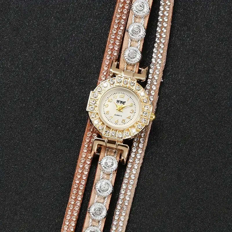 Women`s Luxury Rhinestone Quartz Watch Shiny Fashion Analog PU Leather Wrap Bracelet Wrist Watch