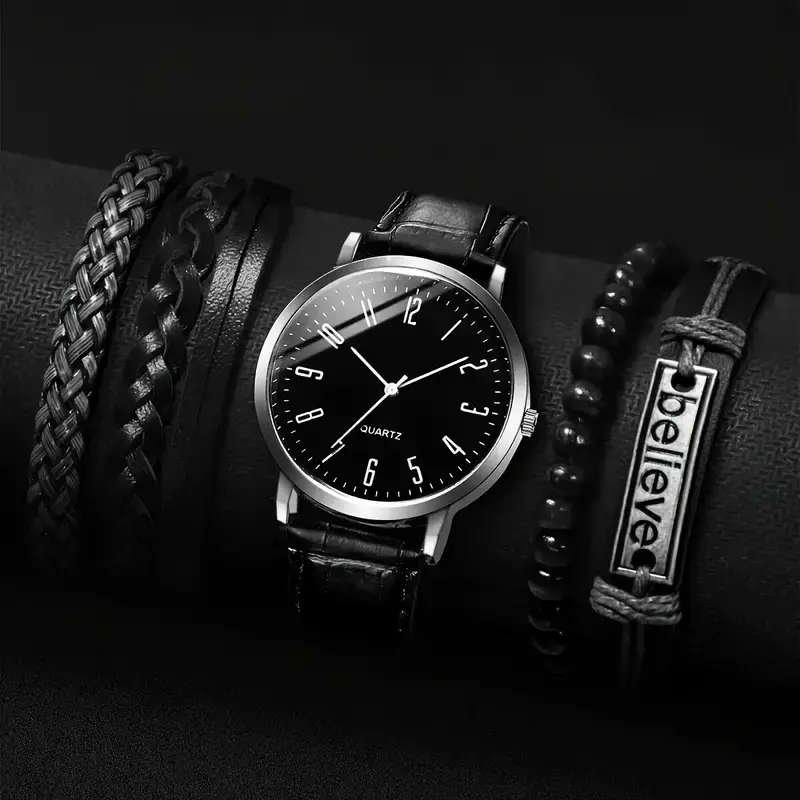 5pcs Vintage Round Pointer Quartz Watch Fashion Analog PU Leather Wrist Watch & Braided Bracelets