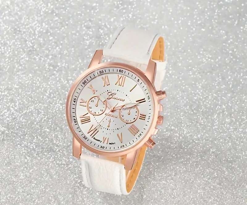 Women`s Casual Fashion Quartz Watch Analog PU Leather Wrist Watch & Rhinestone set