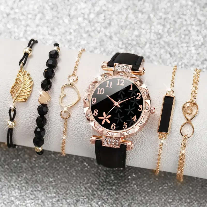 6pcs/set Women`s Watch Casual Flower Quartz Watch Analog PU Leather Wrist Watch & Bracelets