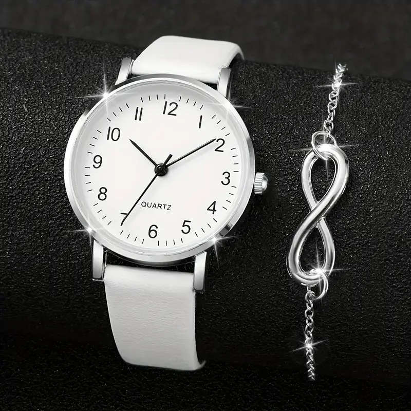 2pcs/set Casual Fashion Quartz Watch Analog PU Leather Wrist Watch & Bracelet