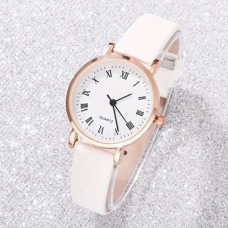 6pcs Simple Quartz Watch For Women White Pu Leather Wrist Watch With Butterfly Jewelry Set