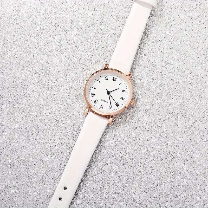 6pcs Simple Quartz Watch For Women White Pu Leather Wrist Watch With Butterfly Jewelry Set