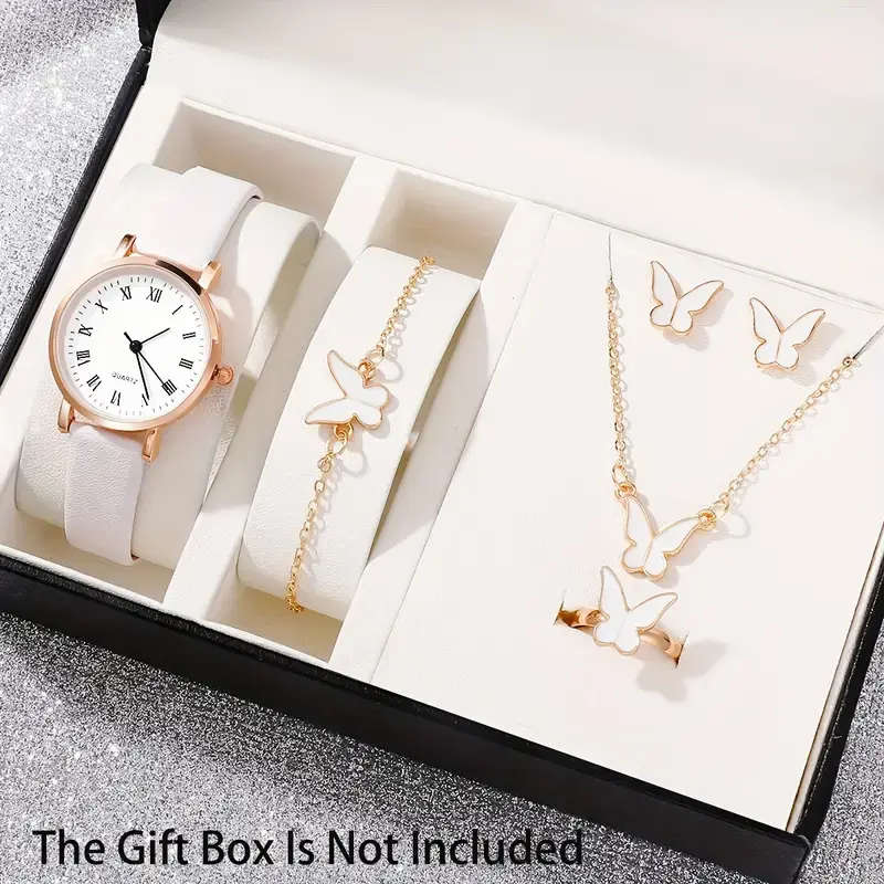 6pcs Simple Quartz Watch For Women White Pu Leather Wrist Watch With Butterfly Jewelry Set