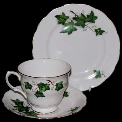Ivy Leaf Trio consisting of Colclough Cup Chipped and Crown Royal Saucer and Tea Plate