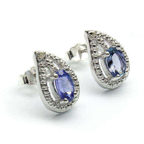 EXCLUSIVE 0.81 CT GENUINE TANZANITE & 2 PCS WHITE DIAMOND 0.925 STERLING SILVER W/ PLATINUM EARRINGS