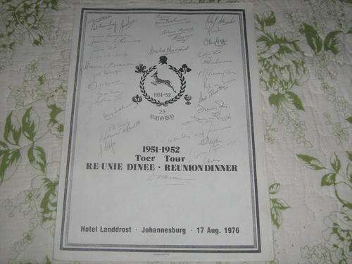 COPIED A4 PAPER WITH SIGNATURES OF SPRINGBOKS OF 1952-53 AT 1976 REUNION.