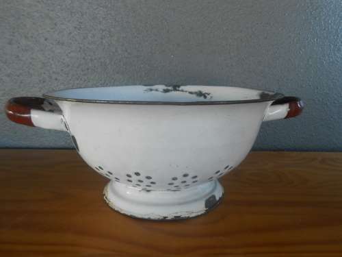 Vintage White and Maroon Enamel Colander