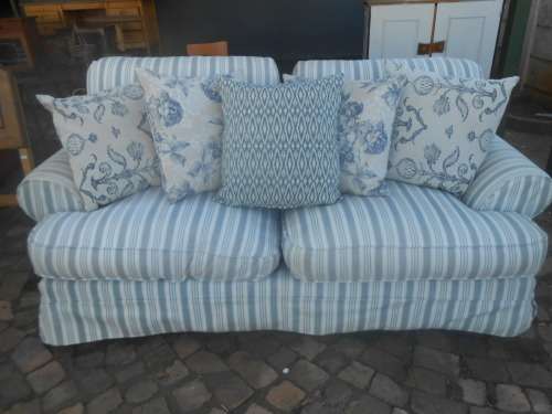 Large Blue and White Striped Sofa with 5 Decorative Cushions