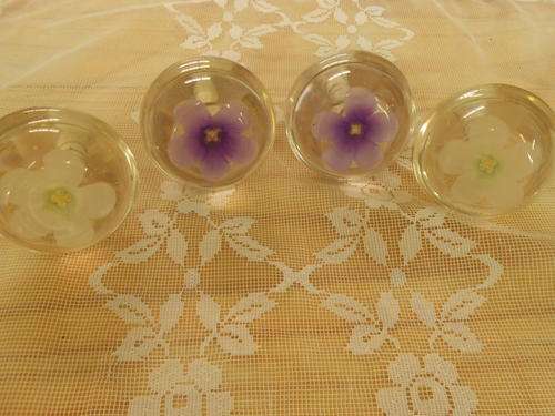 4 Vintage Drawer Knobs (2 Purple flowers, 2 white flowers) 5cm diameter