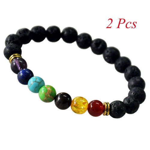 2pc Chakra Healing Balance 7Gemstone Beaded Bracelet Lava Yoga Reiki