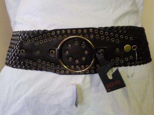 "R495" Guess 100% Genuine Leather ladies belt -Black Thick Weave fashion with polished gold & silver