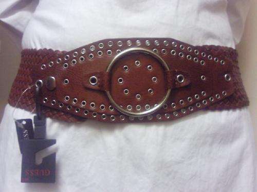 "R495" Guess 100% Genuine Leather ladies belt -Tan Thick Weave fashion with polished gold & silver