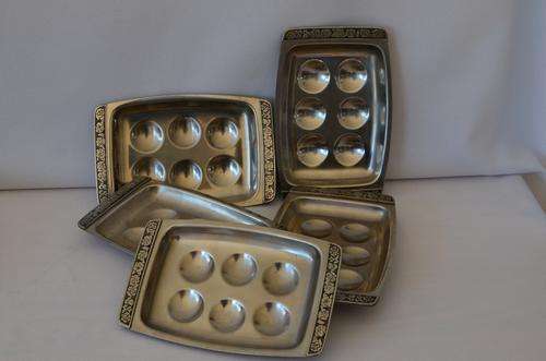 5 STAINLESS STEEL EGG DISHES-HOLDS 6 EGGS EACH. BEAUTIFUL ROSE DESIGN ON THE RIM