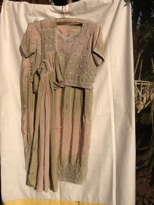 A Sari with Beading in Shades of Pink and Pale Grey/green. Size 38.