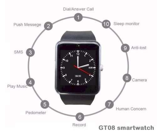 GT08 smartwatch with SIM slot, camera, pedometer, step motion and many other features