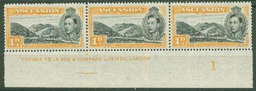 ASCENSION-KGVI SG 139ab INSCRIP. STRIP OF THREE VFM-HINGE REM`S