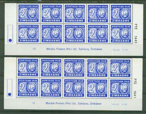 ZIMBABWE-2c SUPERB UMM POSTAGE DUE IMPRINT BLOCKS OF 10-SHEET NO`S !!
