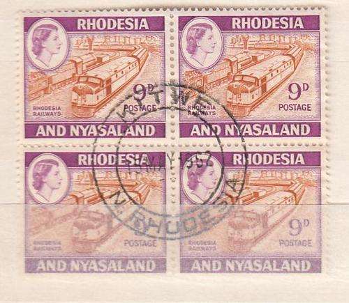 RHODESIA & NYASALAND-QEII 9d SUPERB BLOCK OF 4-DIFFICULT LATER ISSUE R270.00++