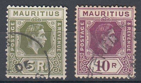 MAURITIUS-KGVI TOP VALUES-10R A LITTLE TONED- 93 POUNDS