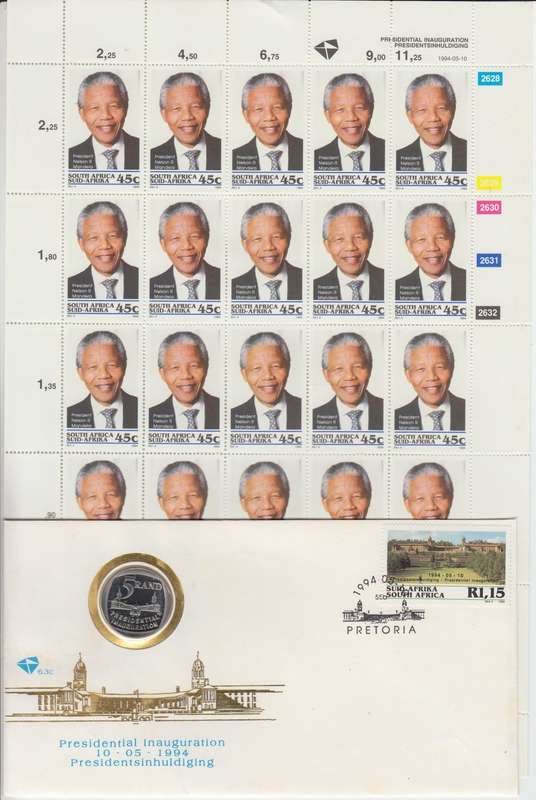 SA-VERY SCARCE COVER WITH PROOF R5.00 COIN + SET AS FULL SHEETS !!-SEE BELOW