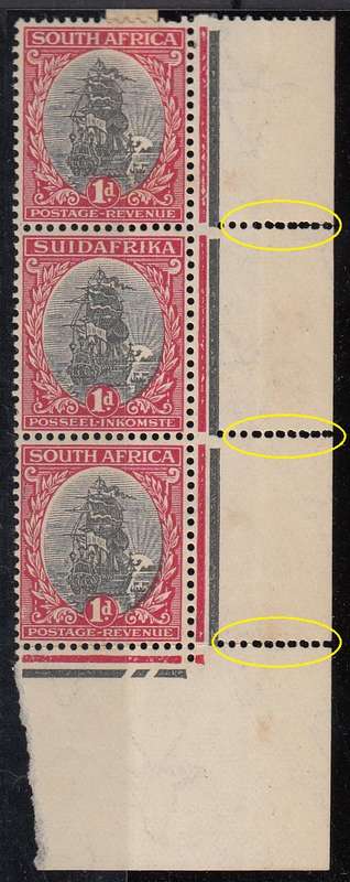 UNION-VERY SCARCE 1d STRIP " DOUBLE PERF`s IN MARGIN " BOTTOM STAMP VIGNETTE SHIFT !!