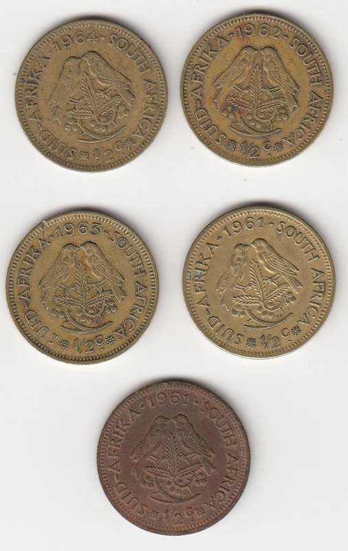 SA-FIVE NICE COINS 1961,62,63 AND 1964 +" COPPER " LOOKING 1961 ??