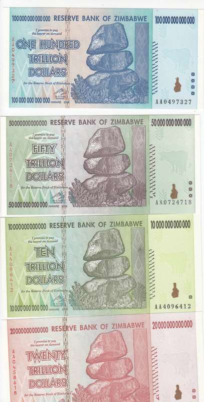 THE RARE SET OF NINE ZIM 2008 HYPER INFLATION NOTES  TO 100 TRILLION !!! ALL  " AA " NUMBERS UNC