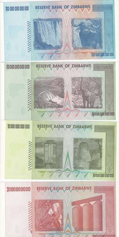 THE RARE SET OF NINE ZIM 2008 HYPER INFLATION NOTES  TO 100 TRILLION !!! ALL  " AA " NUMBERS UNC