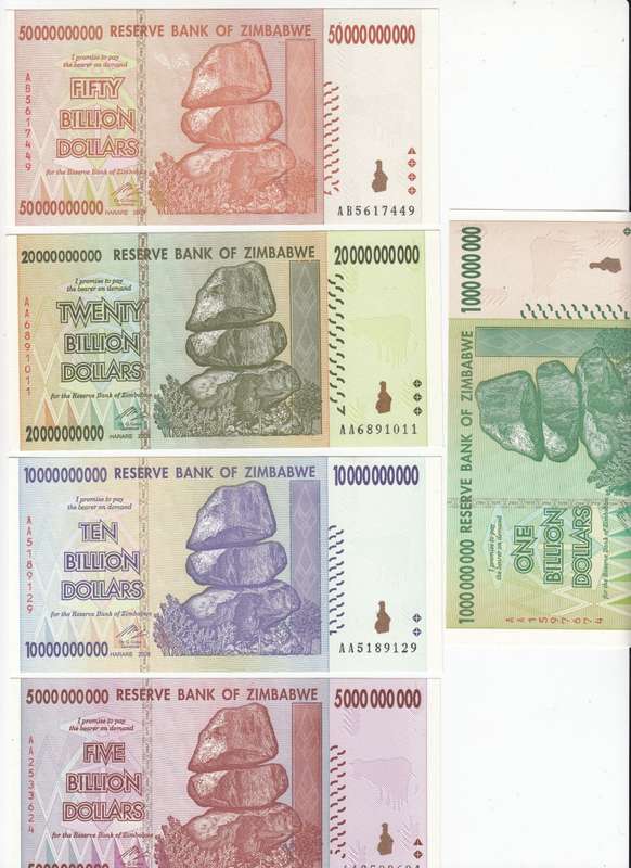 THE RARE SET OF NINE ZIM 2008 HYPER INFLATION NOTES  TO 100 TRILLION !!! ALL  " AA " NUMBERS UNC