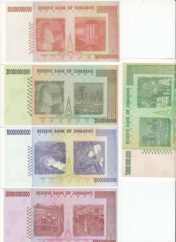 THE RARE SET OF NINE ZIM 2008 HYPER INFLATION NOTES  TO 100 TRILLION !!! ALL  " AA " NUMBERS UNC
