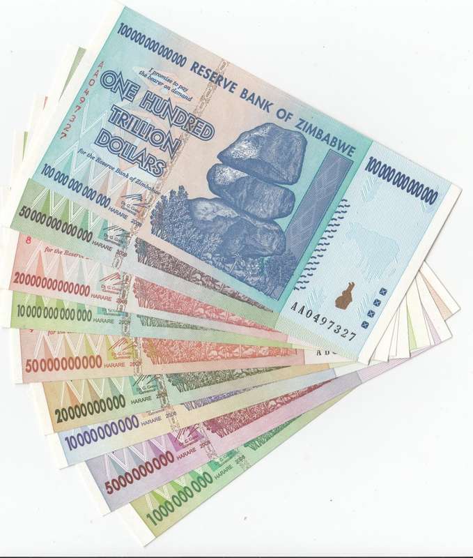 THE RARE SET OF NINE ZIM 2008 HYPER INFLATION NOTES  TO 100 TRILLION !!! ALL  " AA " NUMBERS UNC