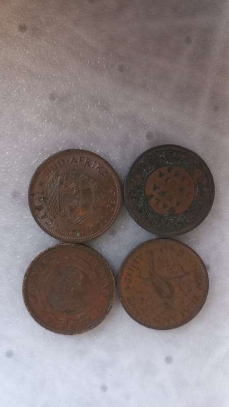 FOUR NICE COINS INCLUDING THE 1896 ZAR PENNY ETC