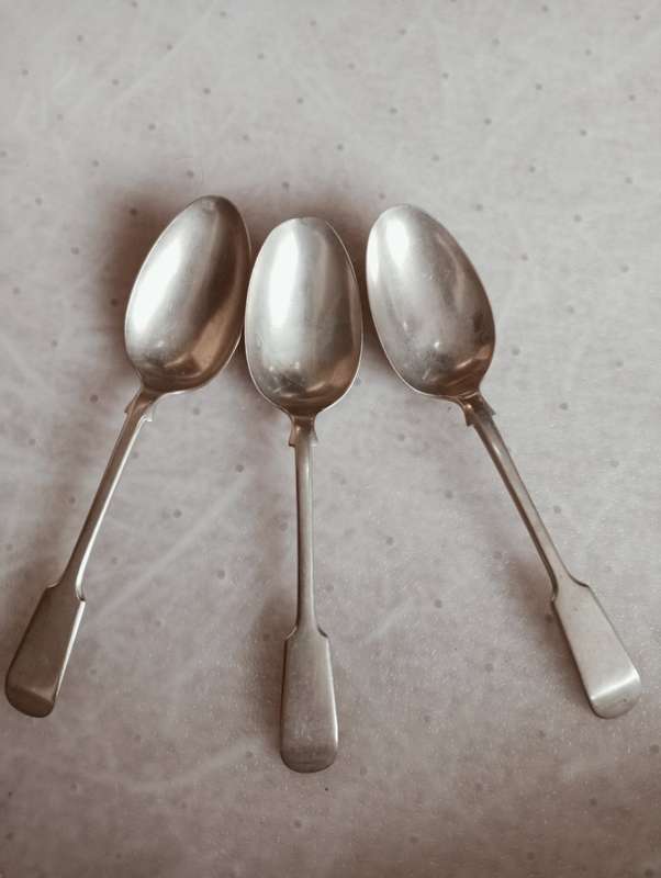 THREE BEAUTIFUL DESERT SPOONS FULL OF STAMPS INCLUDING " BRAZILIAN SILVER " 117 grams