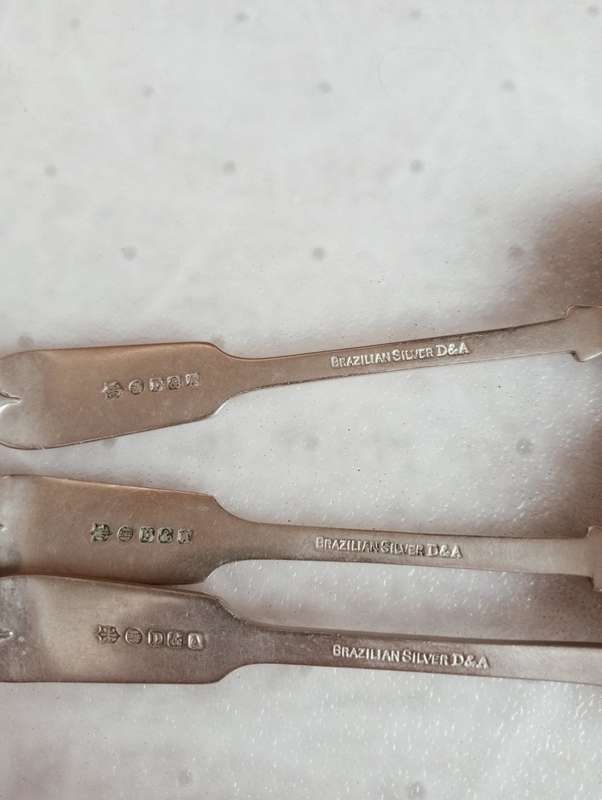THREE BEAUTIFUL DESERT SPOONS FULL OF STAMPS INCLUDING " BRAZILIAN SILVER " 117 grams