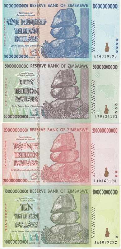 THE VERY SCARCE 100 TRILLION DOLLAR-10 TRILLION DOLLAR   AA NUMBERS 2008 ZIMBABWE BANK NOTES-UNC