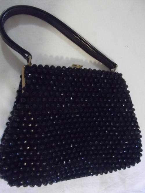 SO LOOVERLY - BLACK BEADED EVENING BAG WITH A PATENT LEATHER HANDLE - LINED WITH RED WATERMARKED SAT