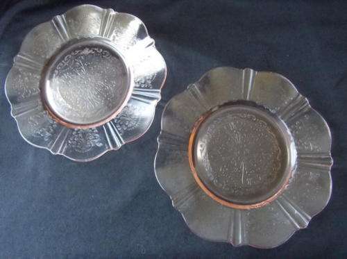 TWO LATE VICTORIAN PRESSED GLASS SIDE PLATED - SCOLLOPED AND LIGHT PINK