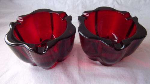 TWO STUNNING BIG RUBY RED GLASS ASHTRAYS
