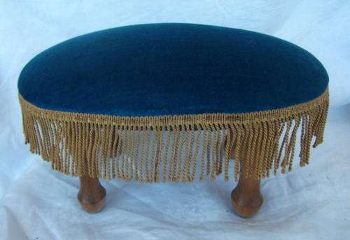 WHAT A BEAUTY - A LOVELY WOODEN FOOT STOOL COVERED IN SOFT BLUE CORDEROY WITH A GOLD FRINGE