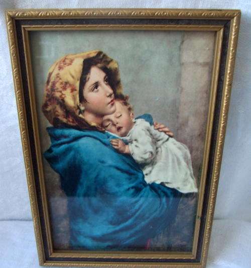 A SWEET PRINT OF MADONNA AND CHILD BY FERRUZZI IN A LOVELY WOODEN FRAME