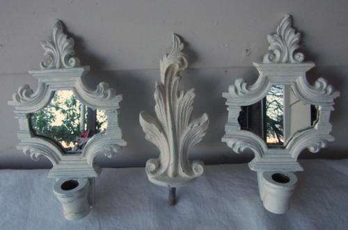 TWO STUNNING VINTAGE ORNATE SOLID WOOD  CANDLE HOLDERS WITH MIRRORS AND ONE FILIAL