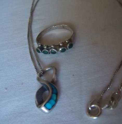 LOVELY TURQUOISE PENDANT WITH CHAIN AND SWEET GYPSEY RING - ALL STERLING SILVER