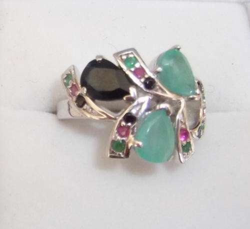 CHARMING GENUINE EMERALD, SAPPHIRE & RUBY 925 STERLING SILVER RING - SIZE 7(O)