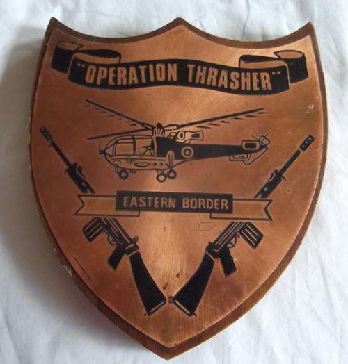 OPERATION THRASHER - EASTERN BORDER - RHODESIAN WAR - COPPER PLAQUE ON WOOD